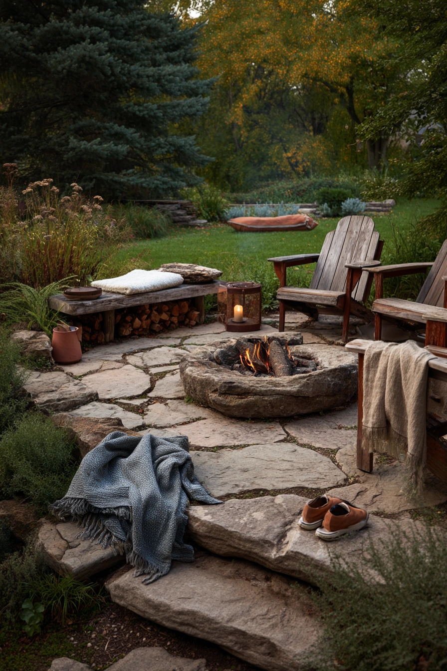 3. Rustic Cottage Flagstone Patio With Fire Pit
