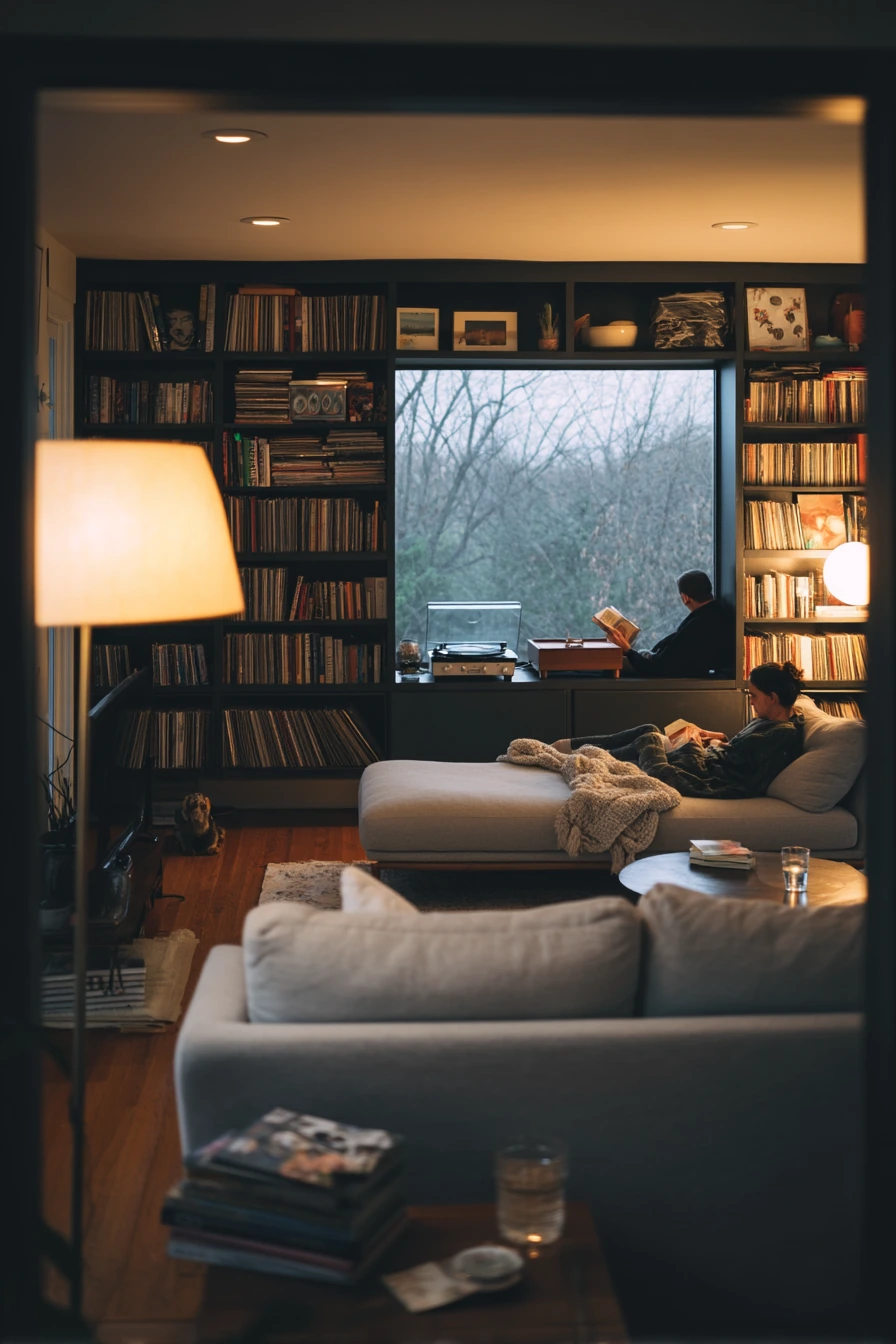 Minimal Living Room Library Wall