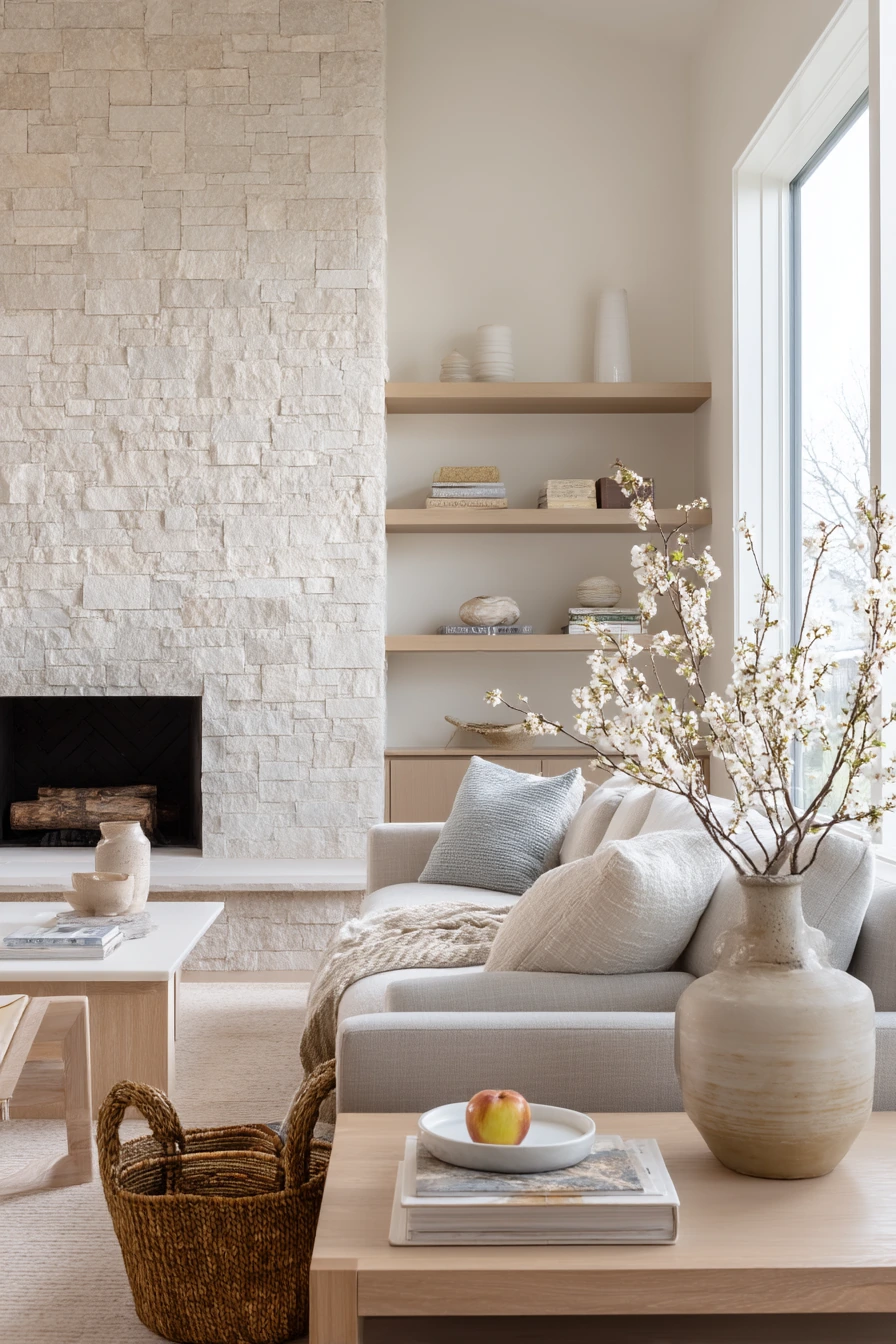 Scandinavian Stone Fireplace for a Busy Home