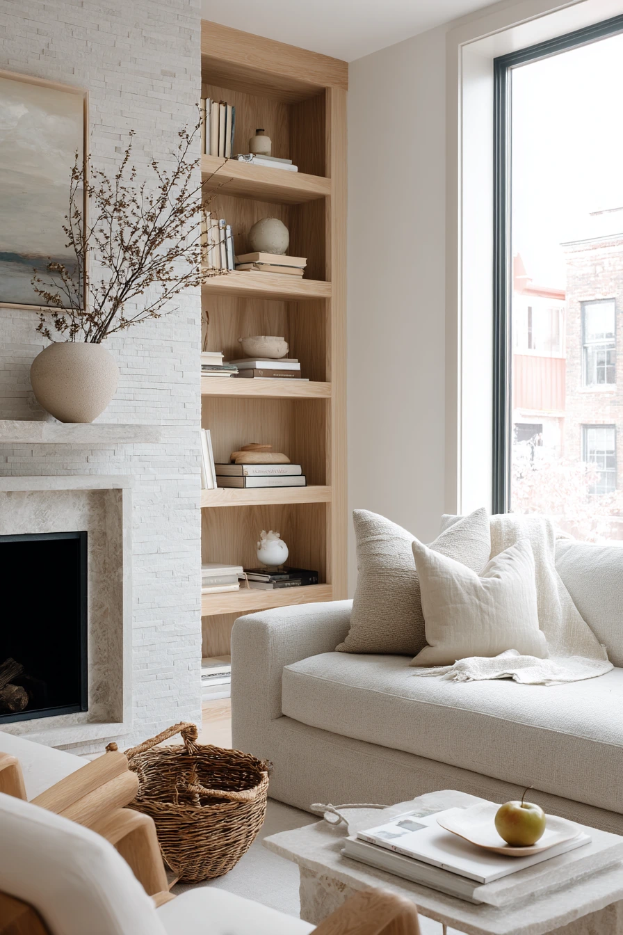 Scandinavian Stone Fireplace for a Busy Home