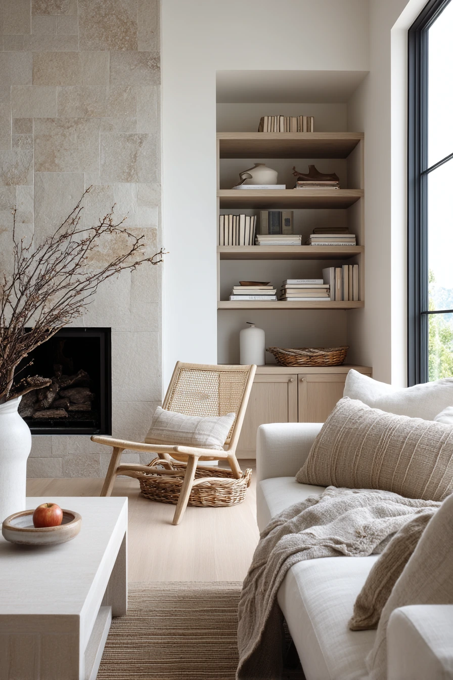 Scandinavian Stone Fireplace for a Busy Home