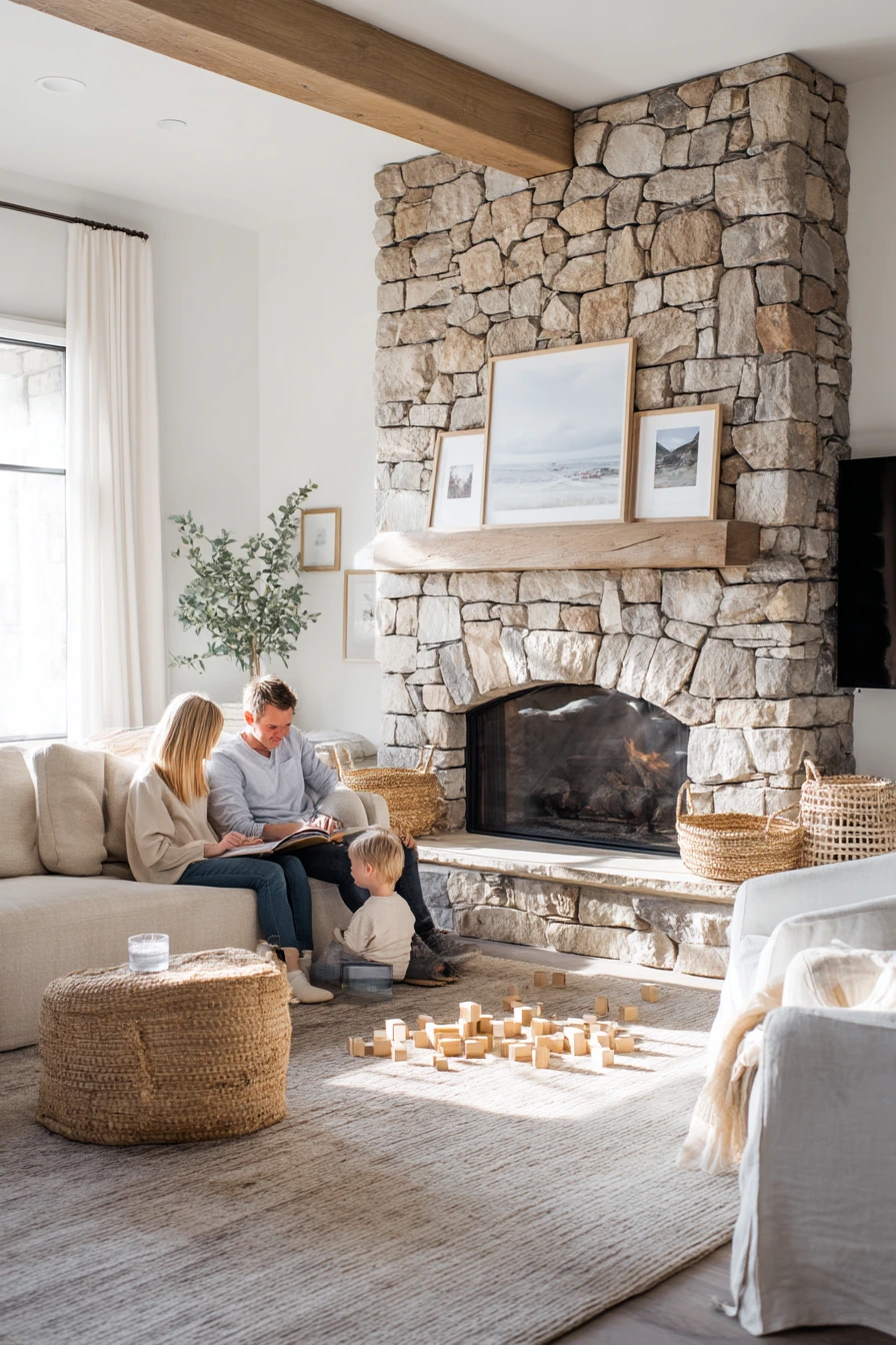 Family Living Room with a Tall Rustic Stone Fireplace