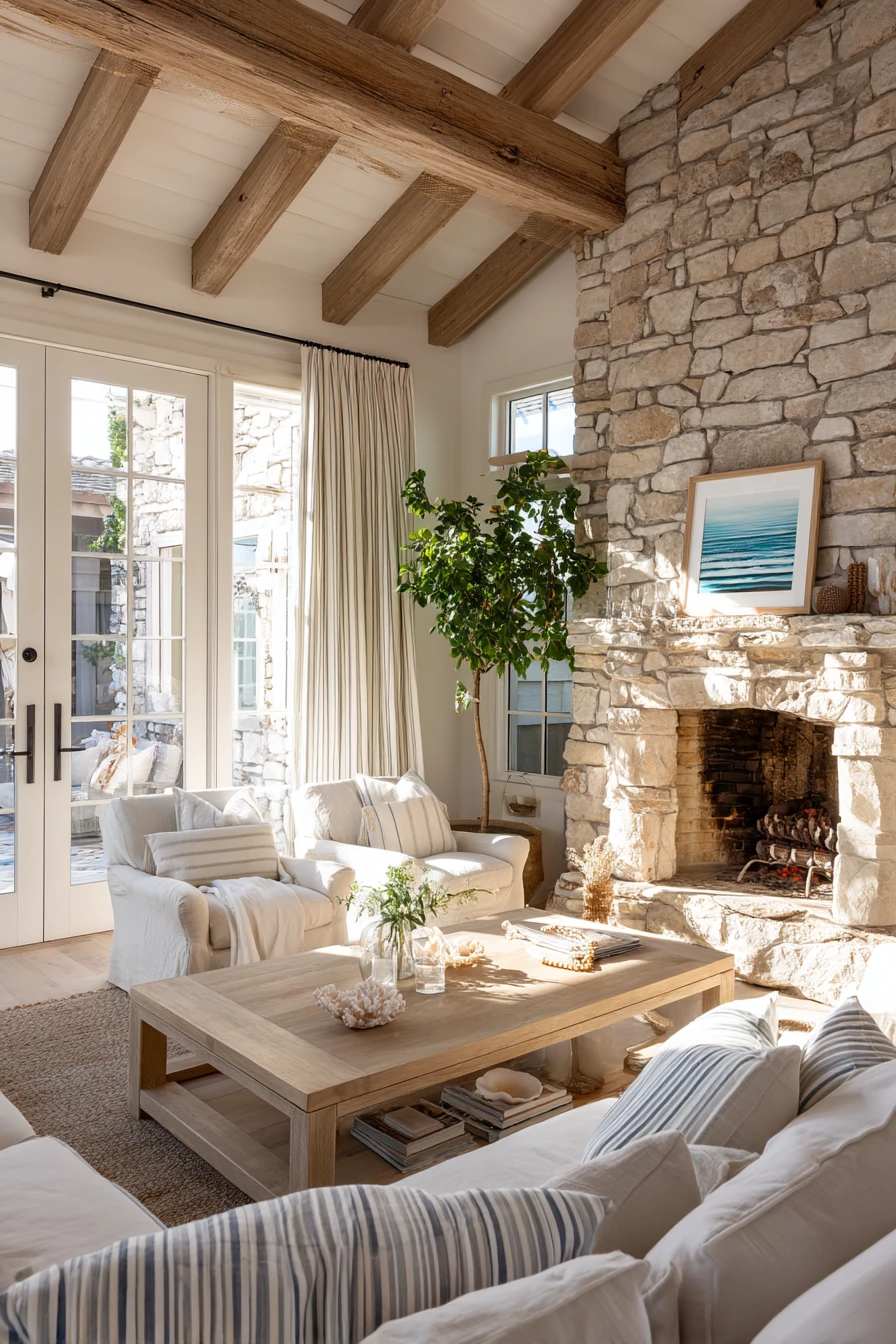 Coastal Living Room with Textured Stone Hearth