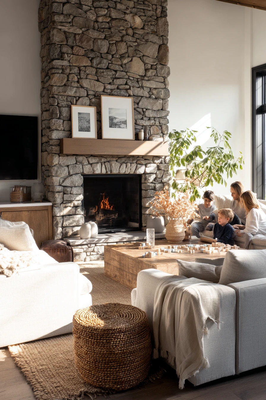 Family Living Room with a Tall Rustic Stone Fireplace