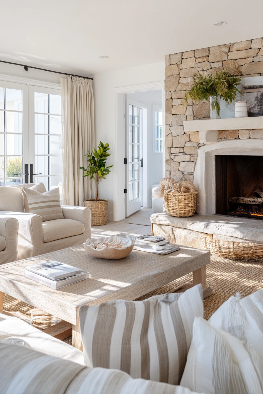 Coastal Living Room with Textured Stone Hearth