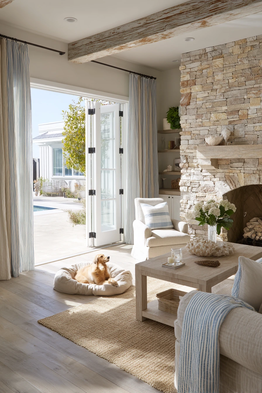 Coastal Living Room with Textured Stone Hearth