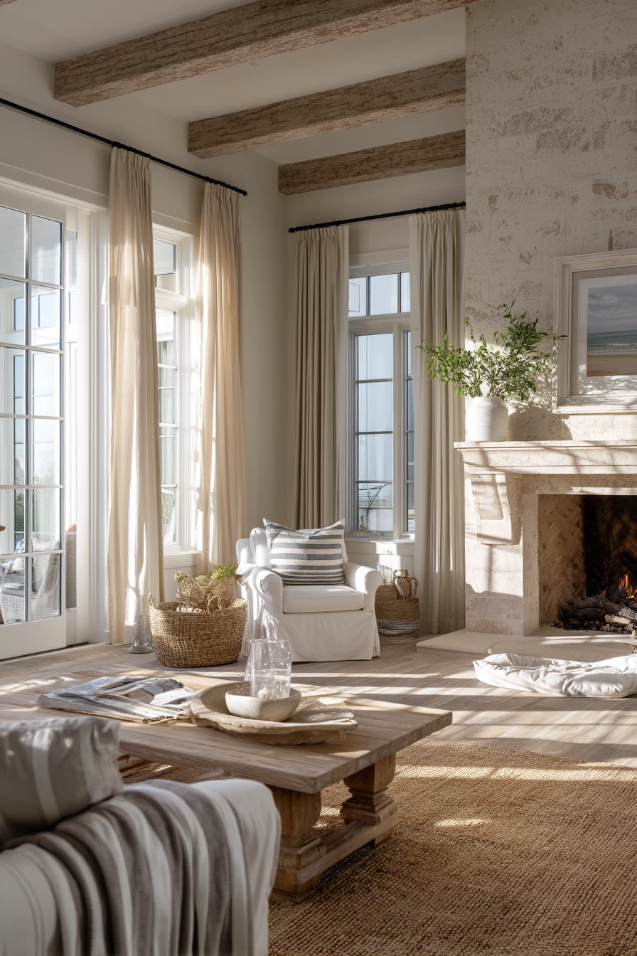 Coastal Living Room with Textured Stone Hearth