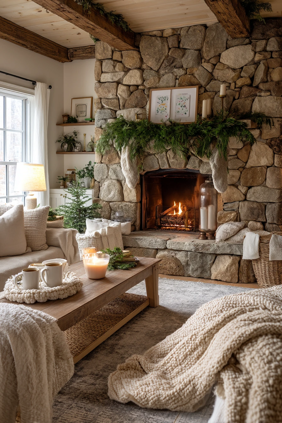 Holiday Seasonal Decor Around a Stone Fireplace