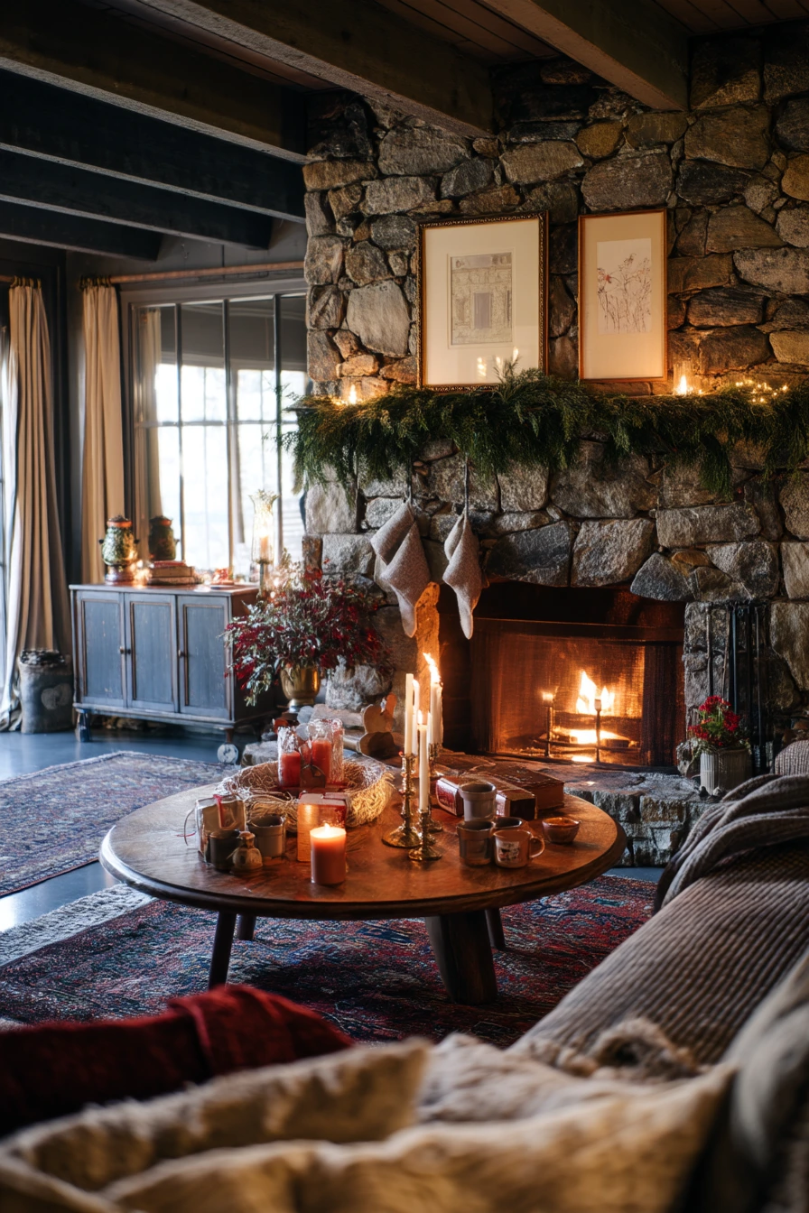 Holiday Seasonal Decor Around a Stone Fireplace