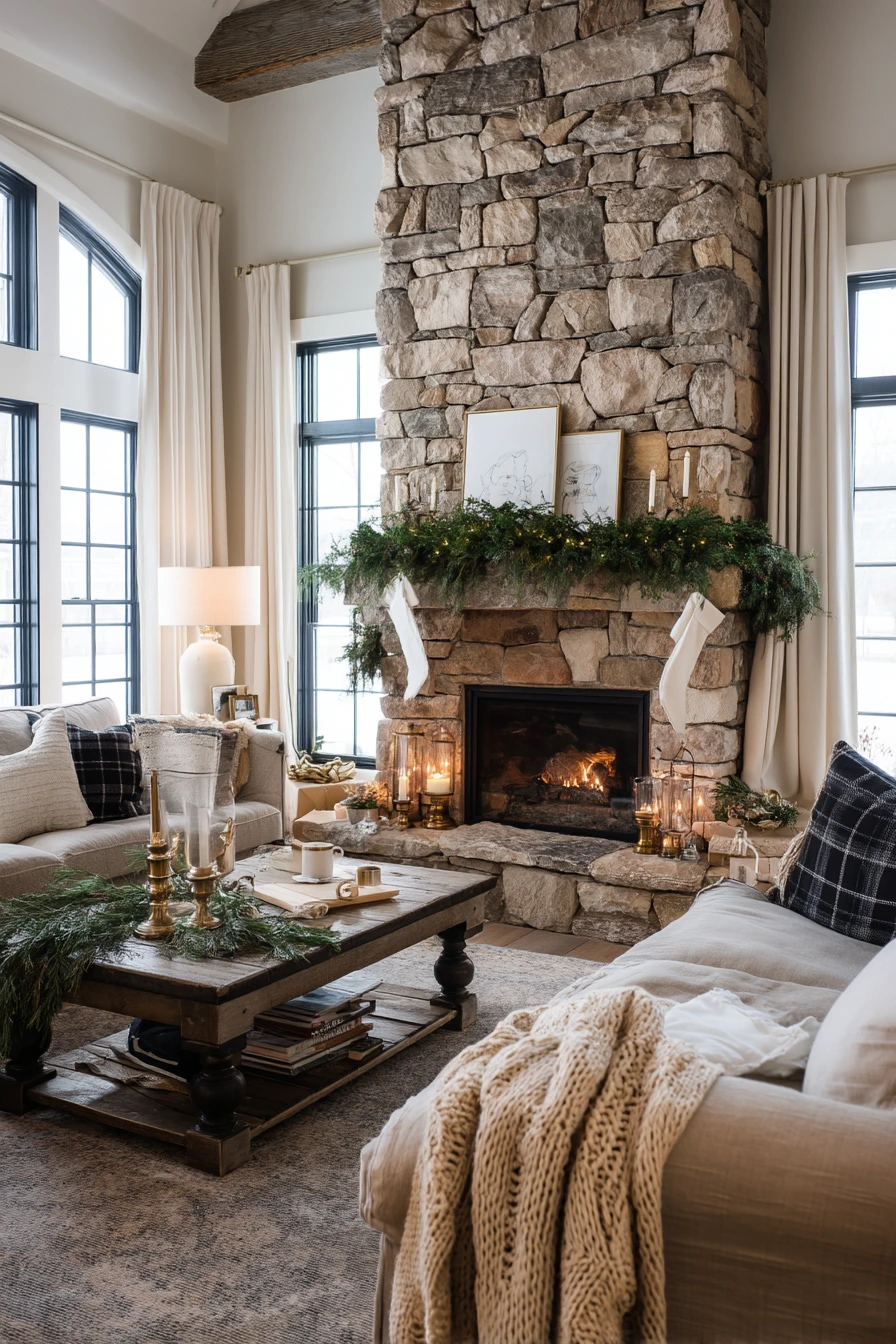 Holiday Seasonal Decor Around a Stone Fireplace