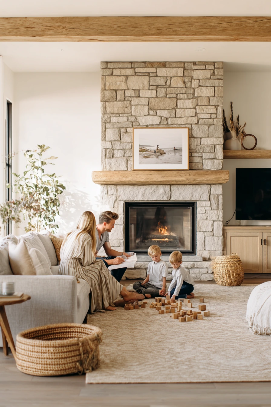 Family Living Room with a Tall Rustic Stone Fireplace