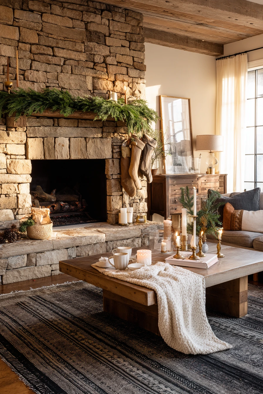 Holiday Seasonal Decor Around a Stone Fireplace