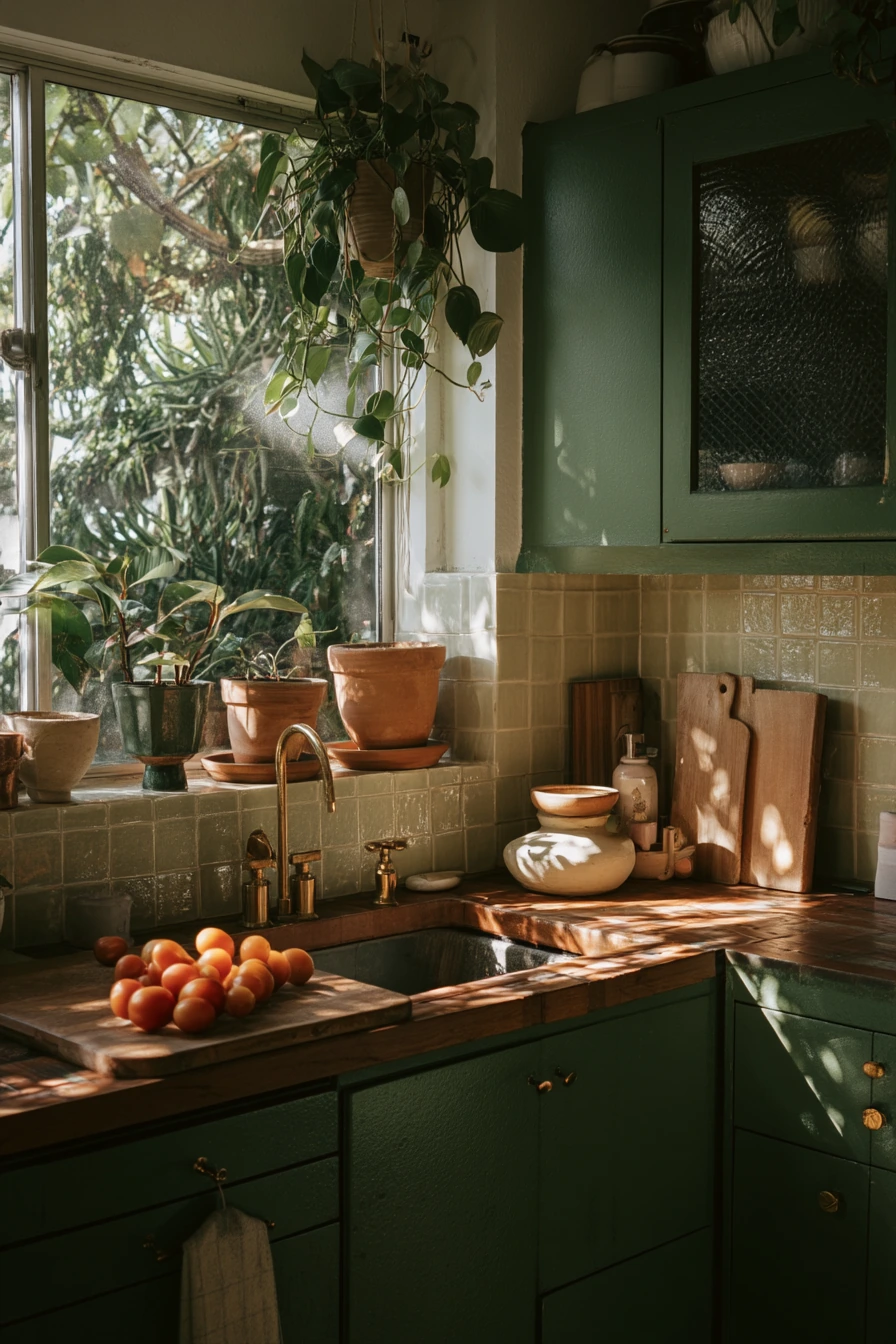 Forest Green Kitchen with Indoor Plants