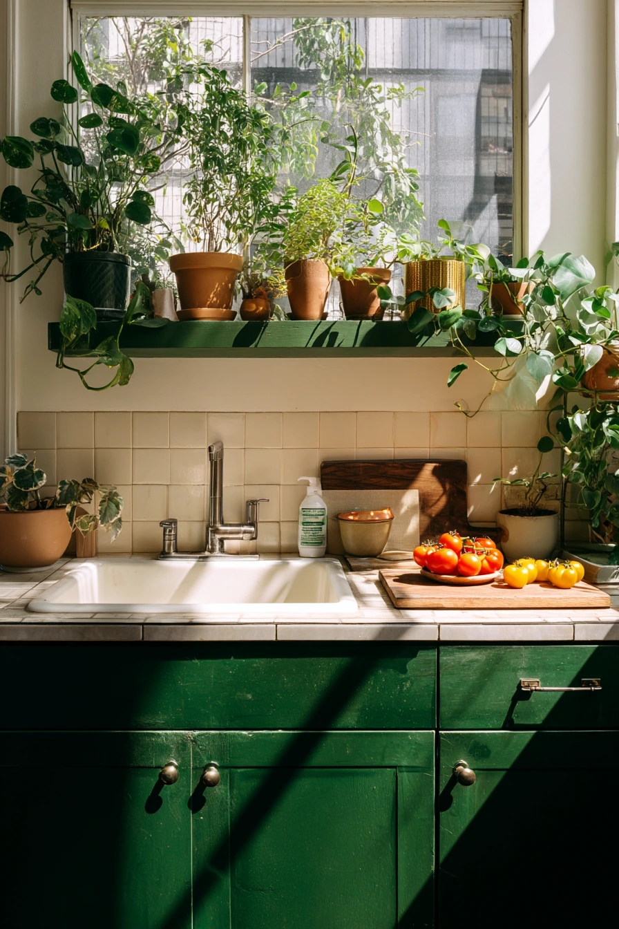 Forest Green Kitchen with Indoor Plants