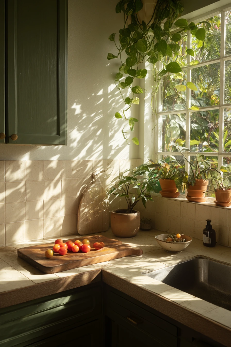 Forest Green Kitchen with Indoor Plants