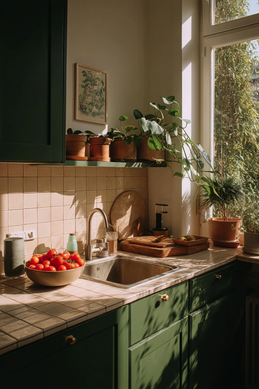 Forest Green Kitchen with Indoor Plants