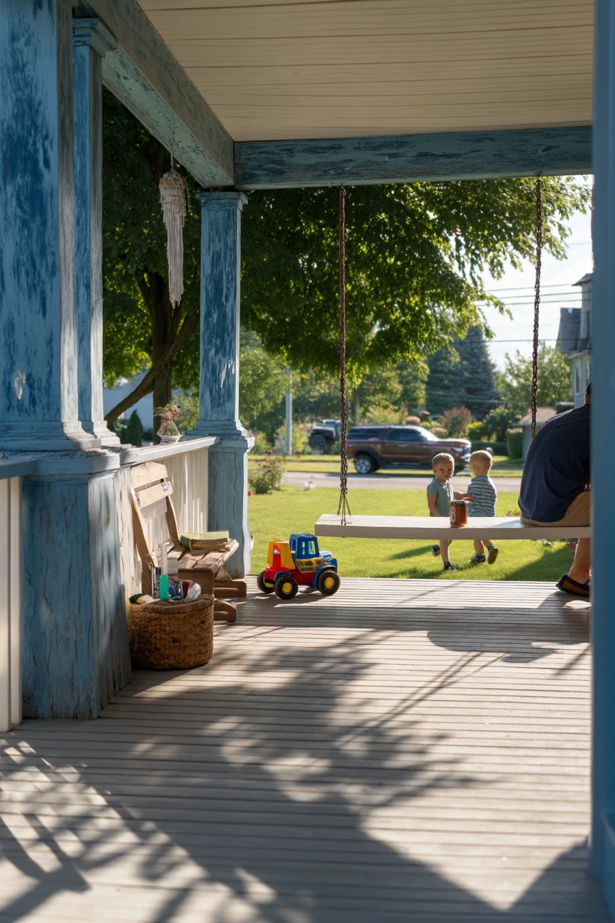 Front Porch Swing with Kids at Play