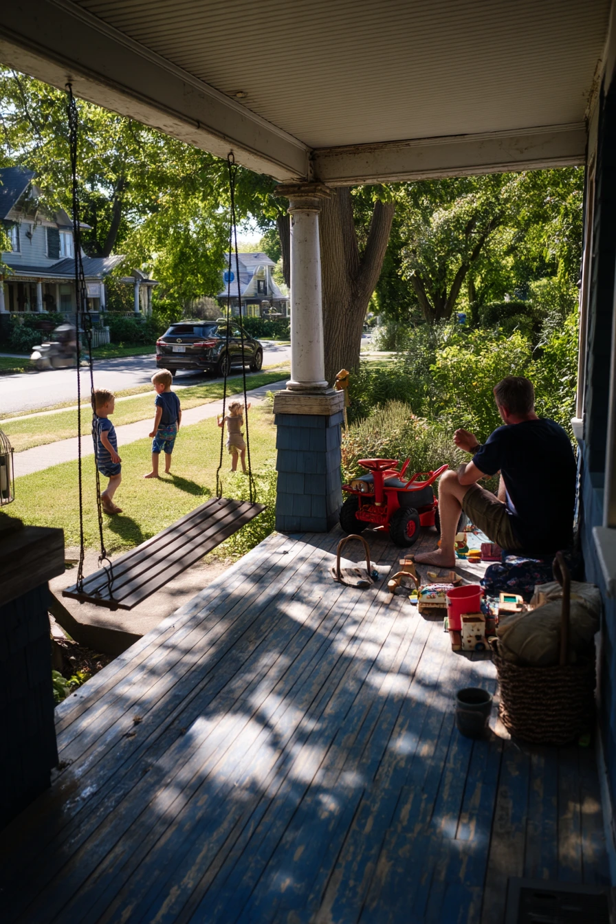Front Porch Swing with Kids at Play