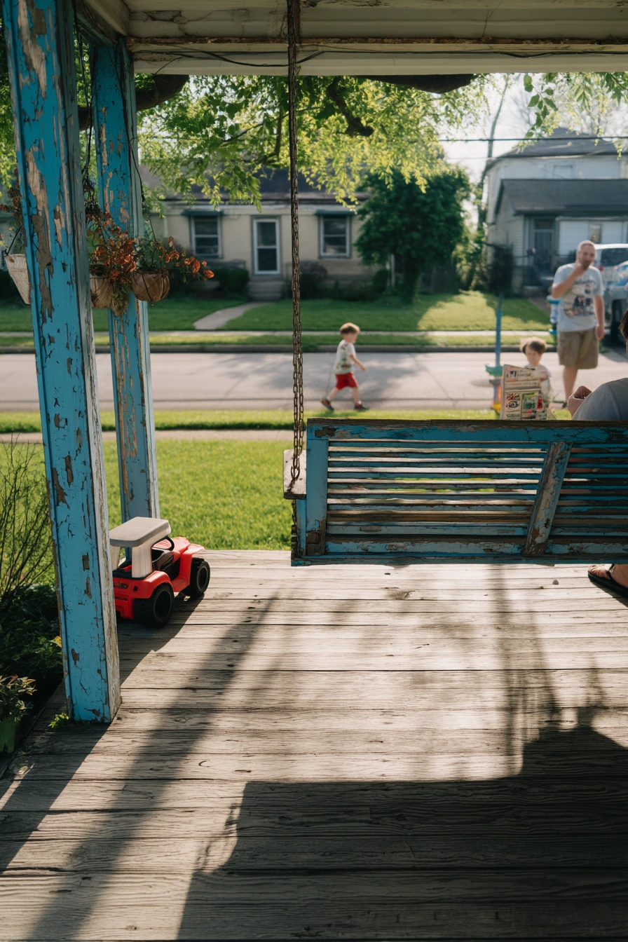 Front Porch Swing with Kids at Play