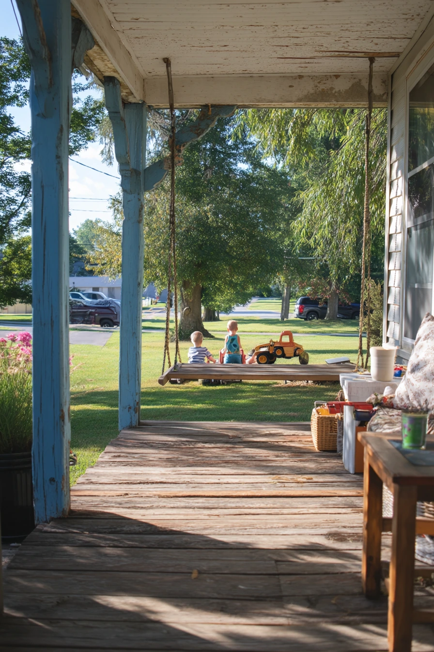 Front Porch Swing with Kids at Play