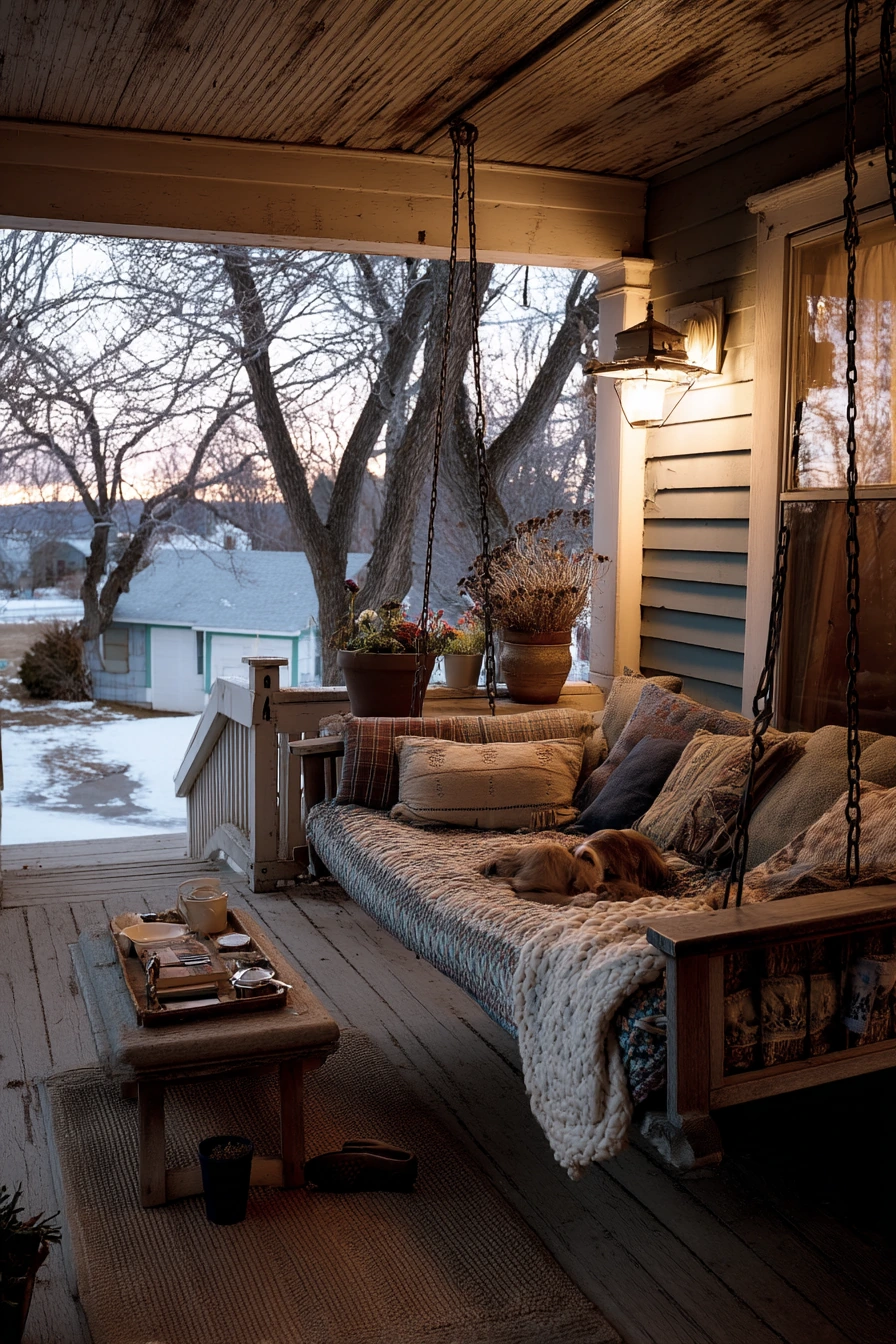 Farmhouse Porch Swing with Evening Tea