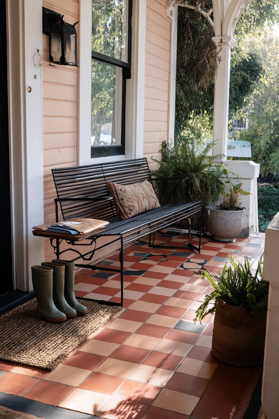 Terracotta Checkerboard for a Busy Family Porch