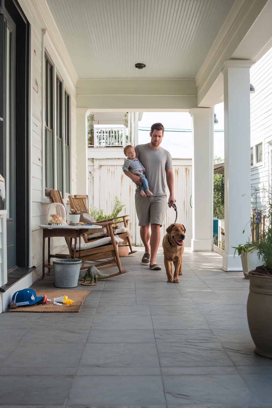 Modern Farmhouse Porch with Durable Tile
