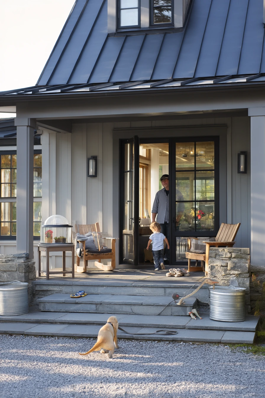 Modern Farmhouse Porch with Durable Tile