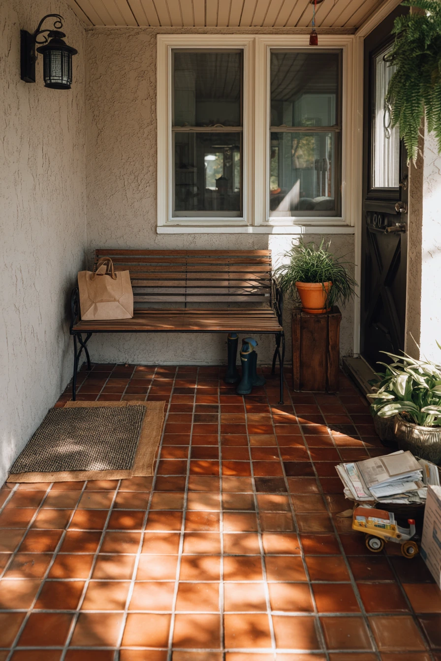Terracotta Checkerboard for a Busy Family Porch