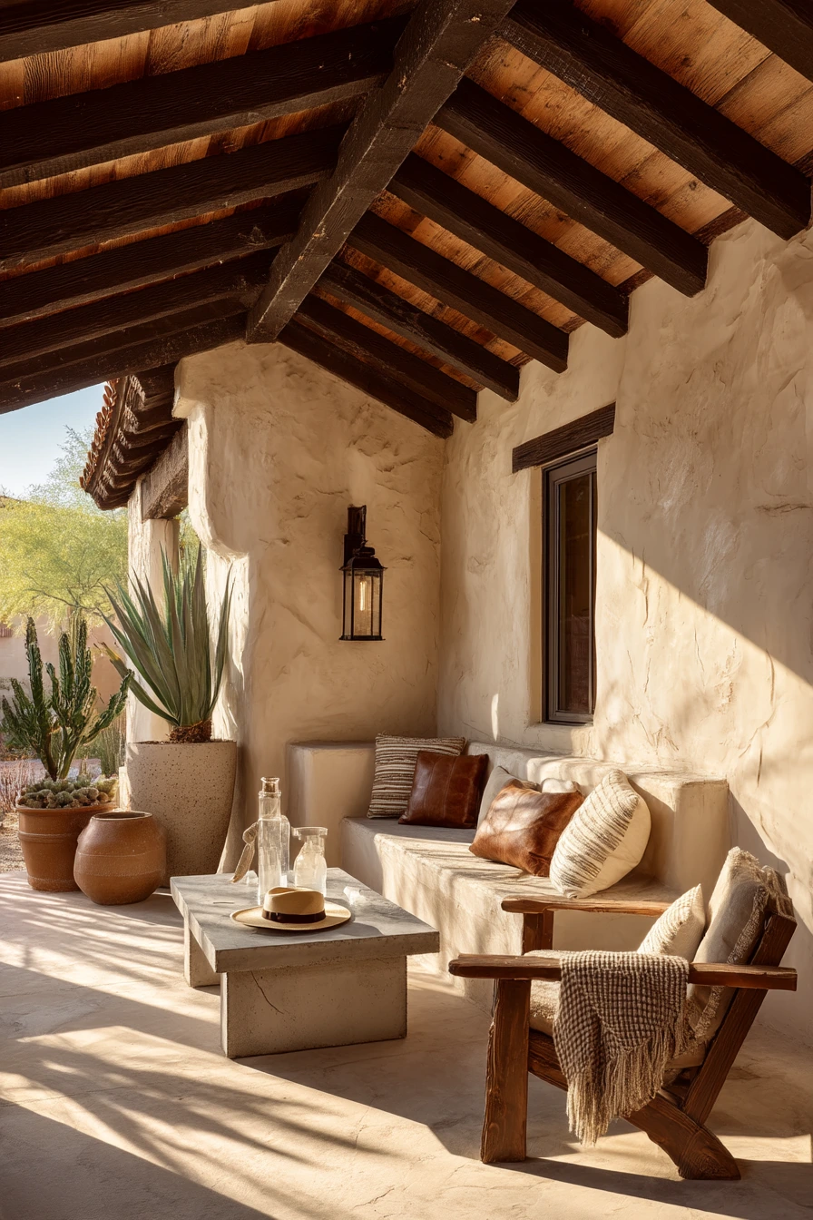 9. Desert-Modern Gable Roof Patio with Shade and Texture
