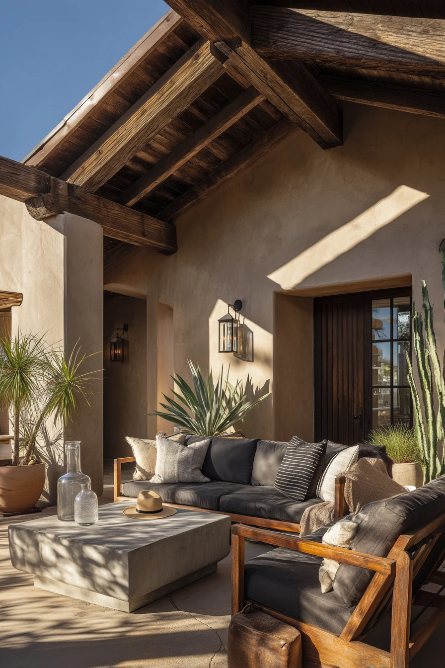 9. Desert-Modern Gable Roof Patio with Shade and Texture