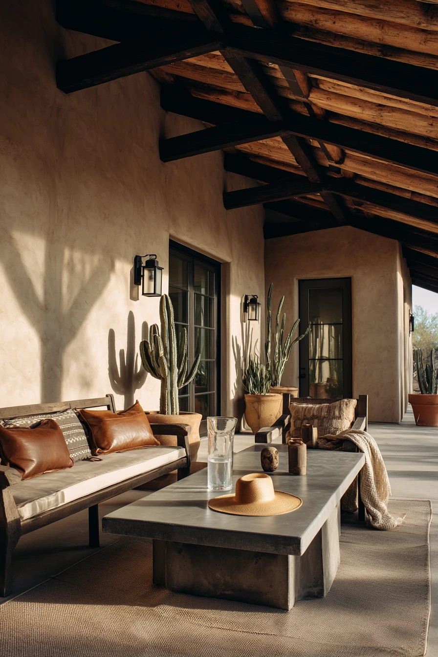 9. Desert-Modern Gable Roof Patio with Shade and Texture