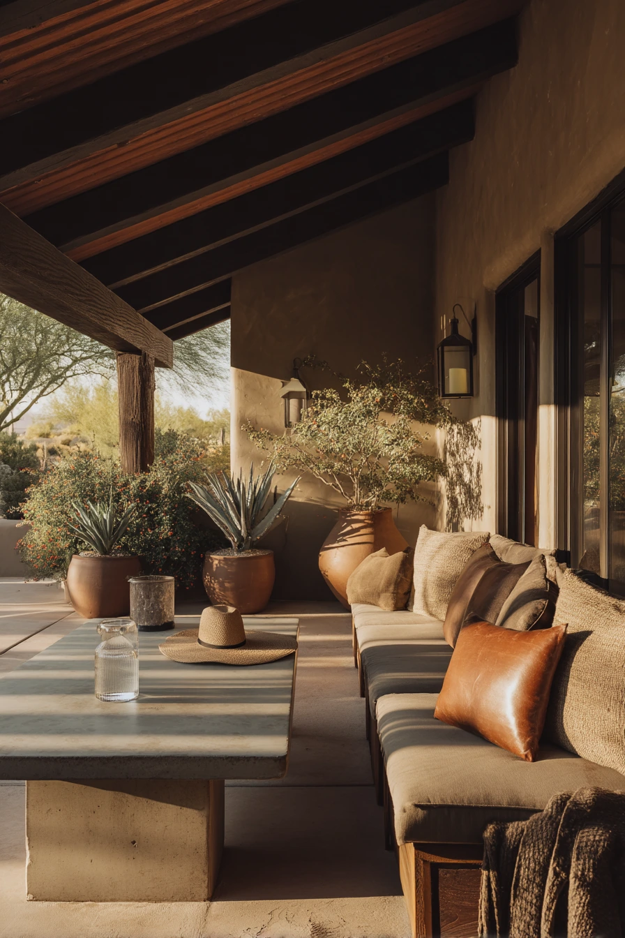 9. Desert-Modern Gable Roof Patio with Shade and Texture
