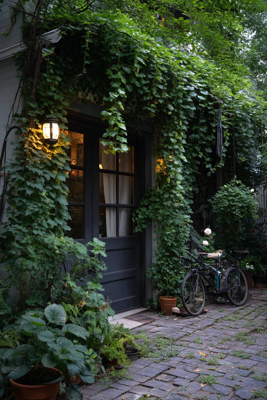 Moody Black Garage Door with Garden Texture