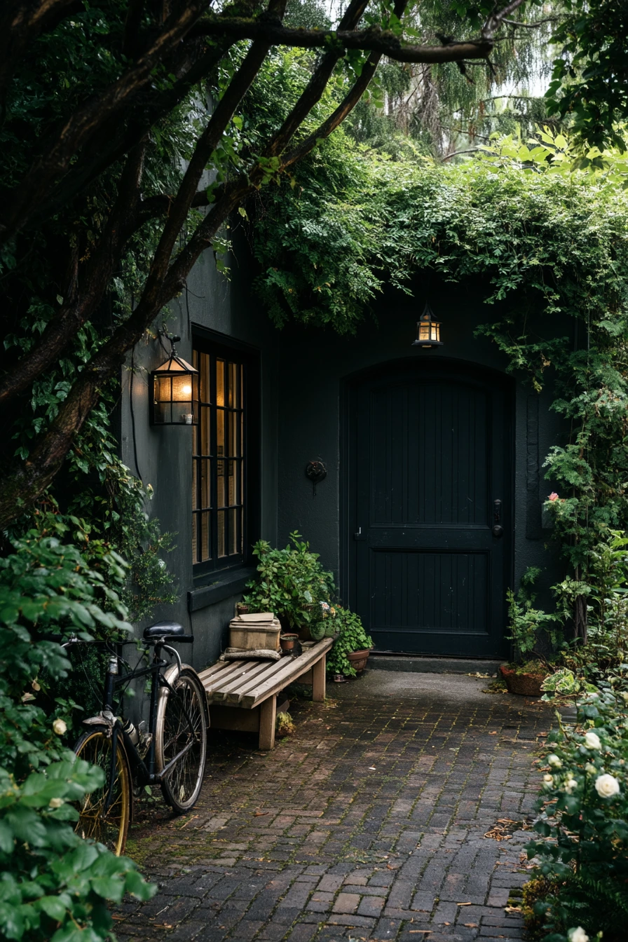 Moody Black Garage Door with Garden Texture