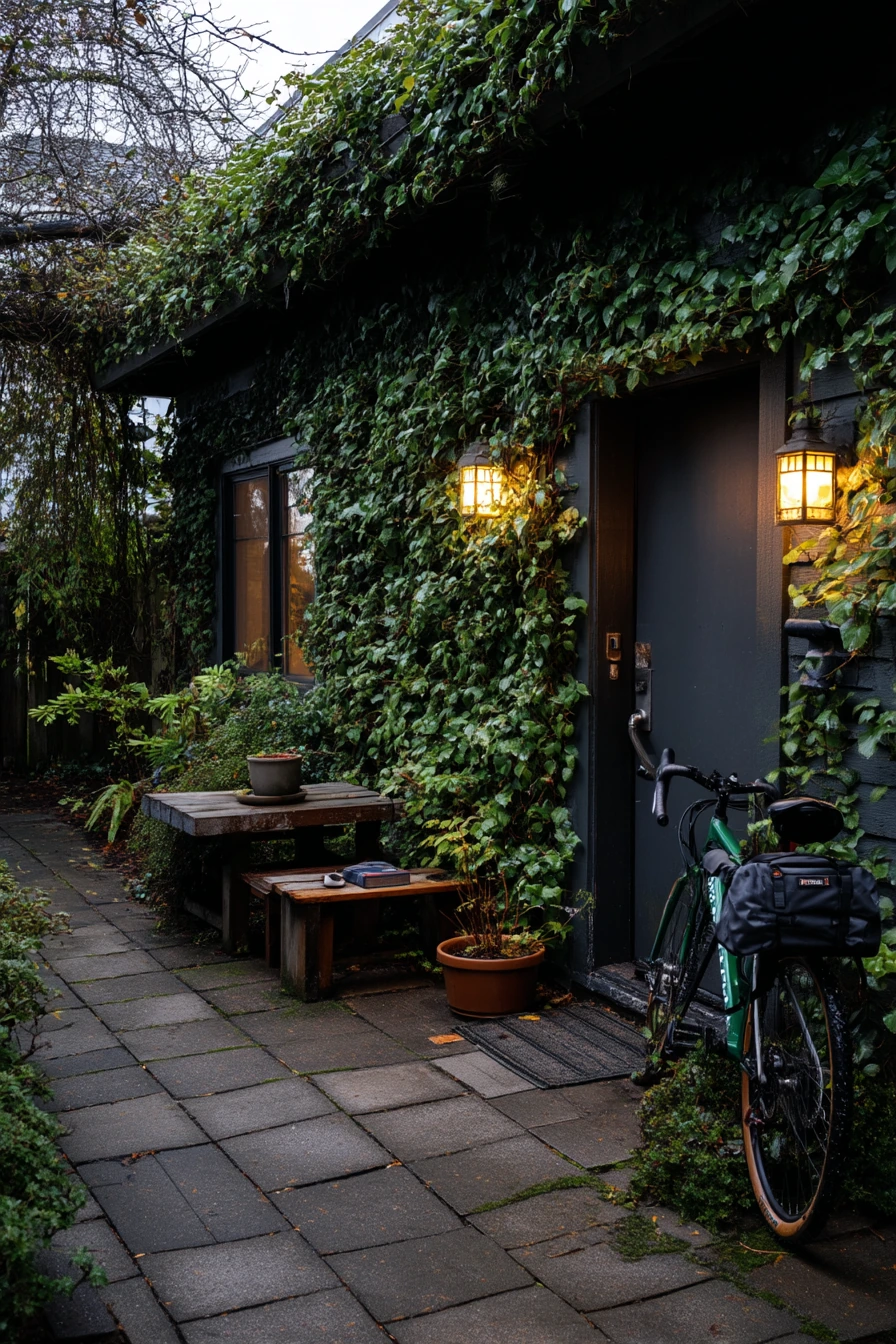 Moody Black Garage Door with Garden Texture