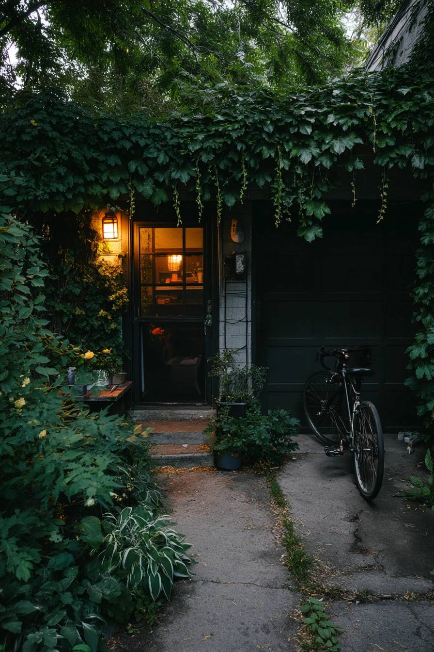Moody Black Garage Door with Garden Texture