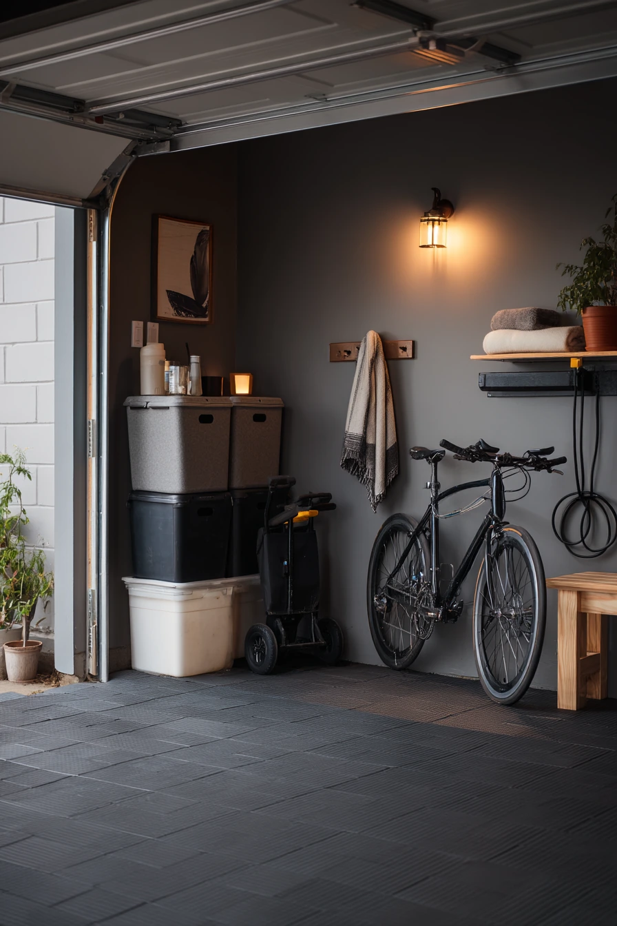 Modern Basement-Entry Garage with Rubber Flooring