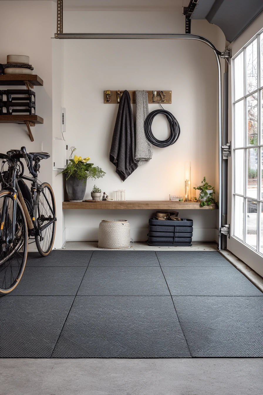 Modern Basement-Entry Garage with Rubber Flooring