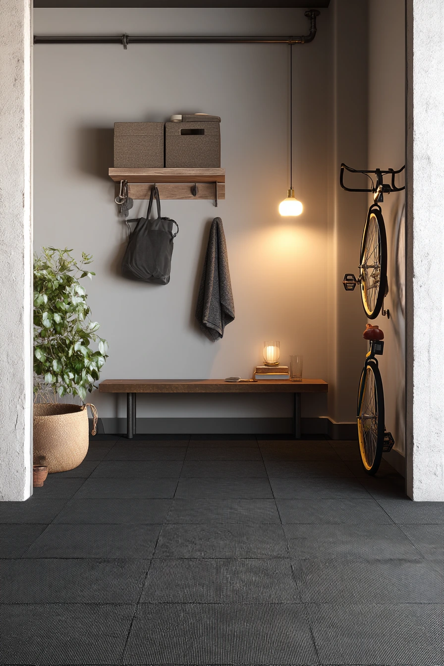 Modern Basement-Entry Garage with Rubber Flooring