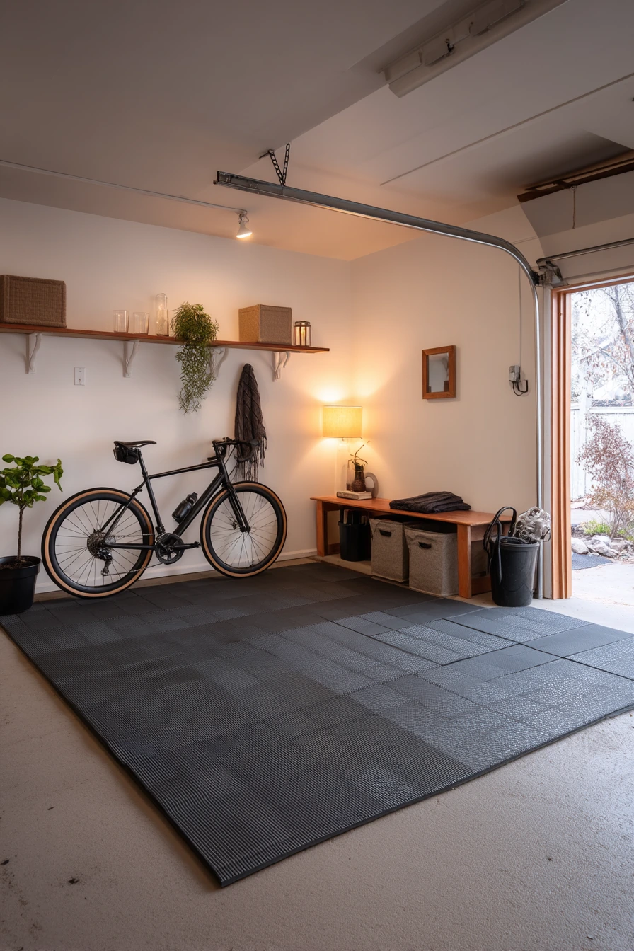 Modern Basement-Entry Garage with Rubber Flooring