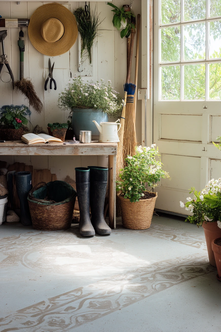 Bright Utility Garage with Decorative Stenciled Concrete