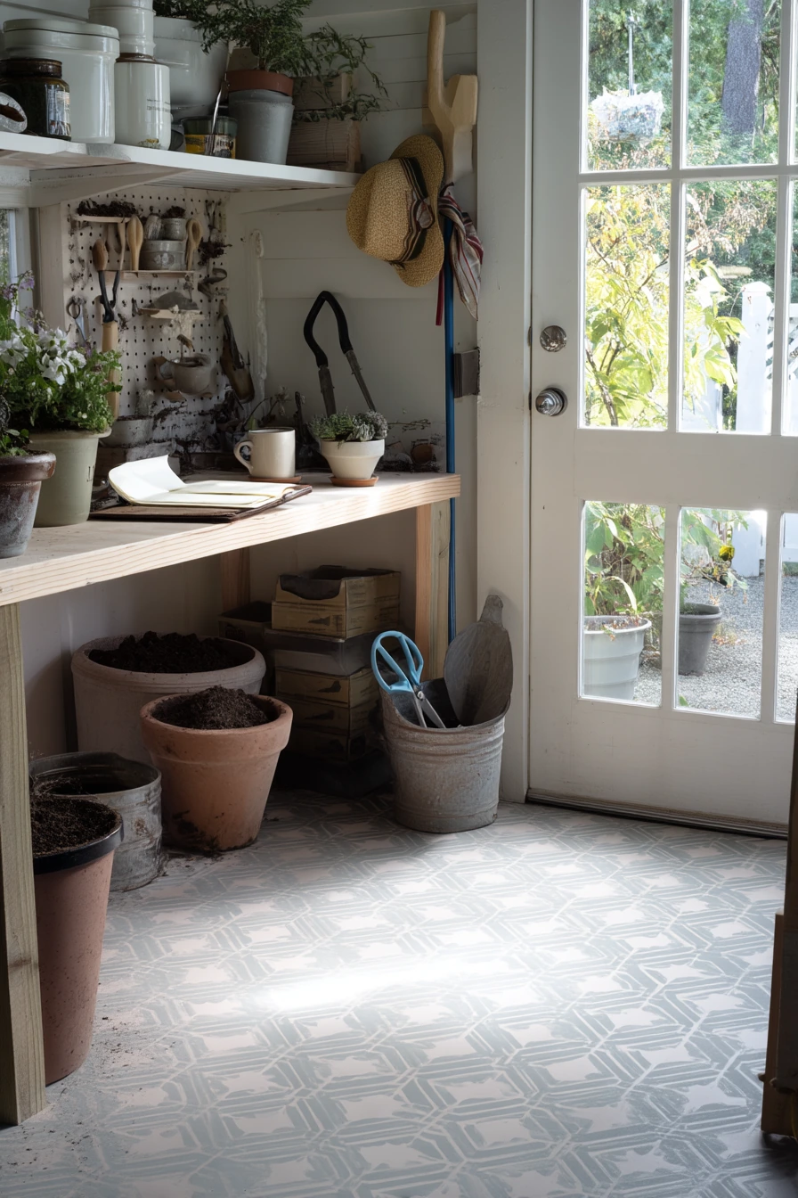 Bright Utility Garage with Decorative Stenciled Concrete