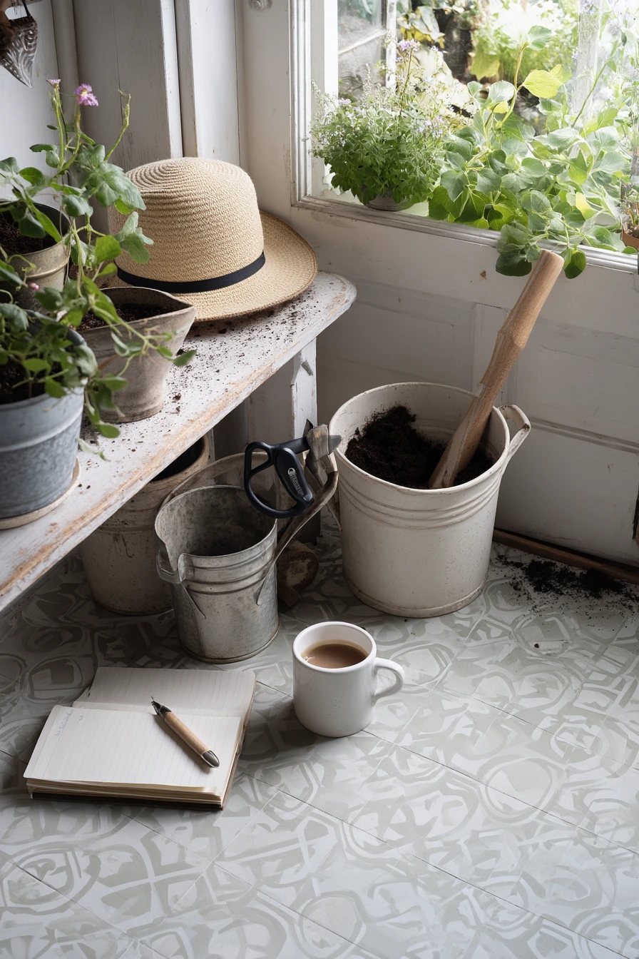 Bright Utility Garage with Decorative Stenciled Concrete