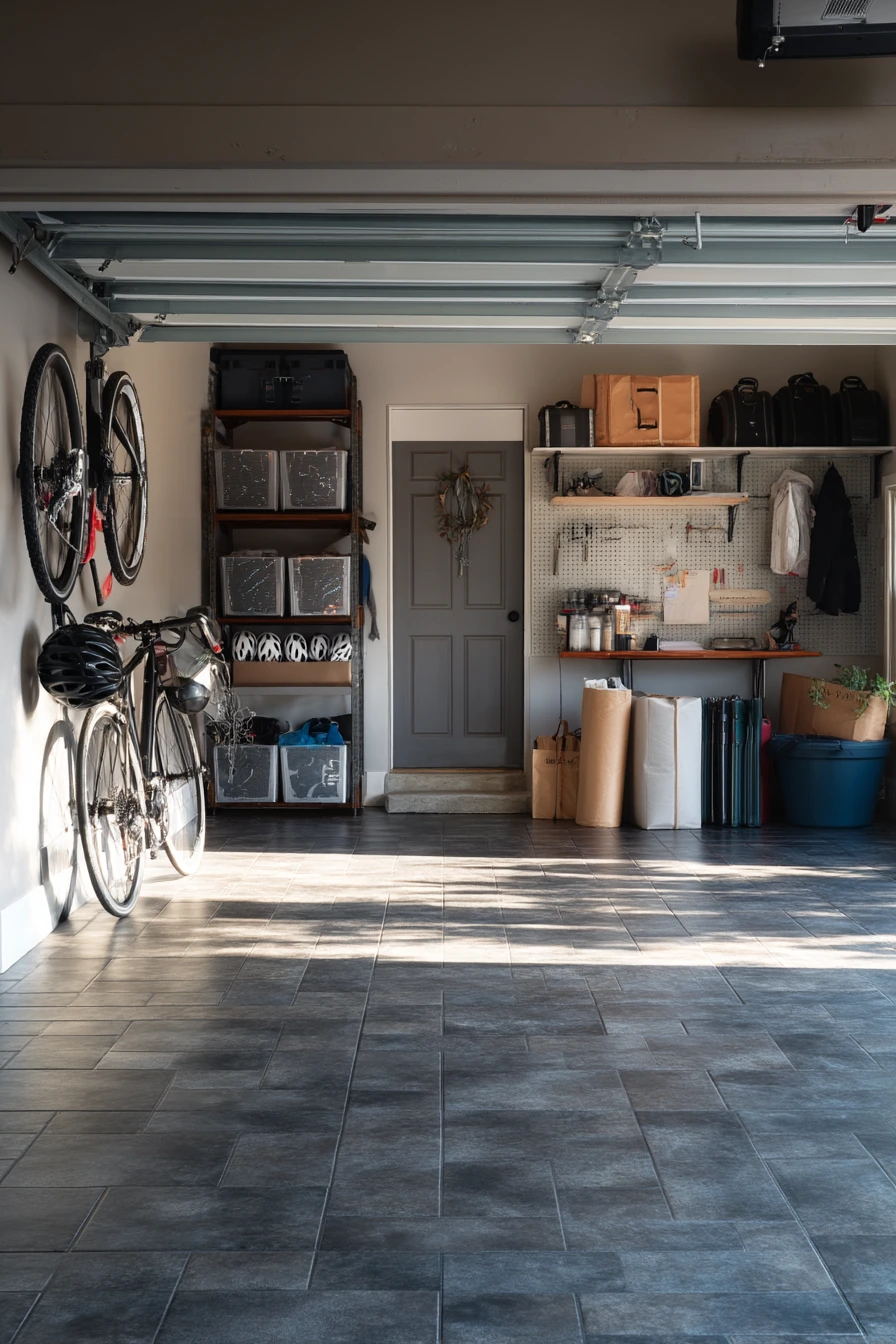 Two-Car Garage with Interlocking Tiles for Storage and Staging