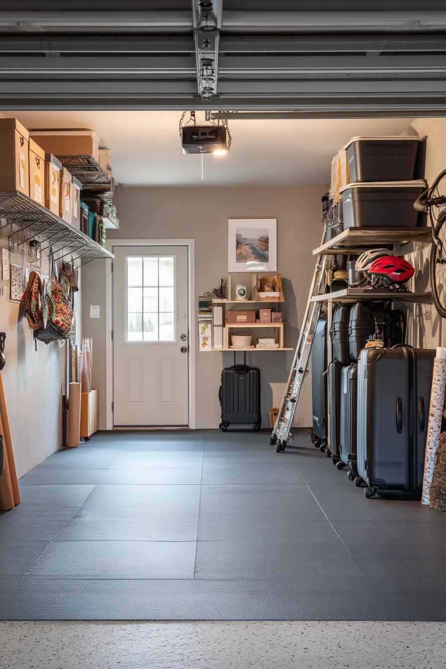 Two-Car Garage with Interlocking Tiles for Storage and Staging