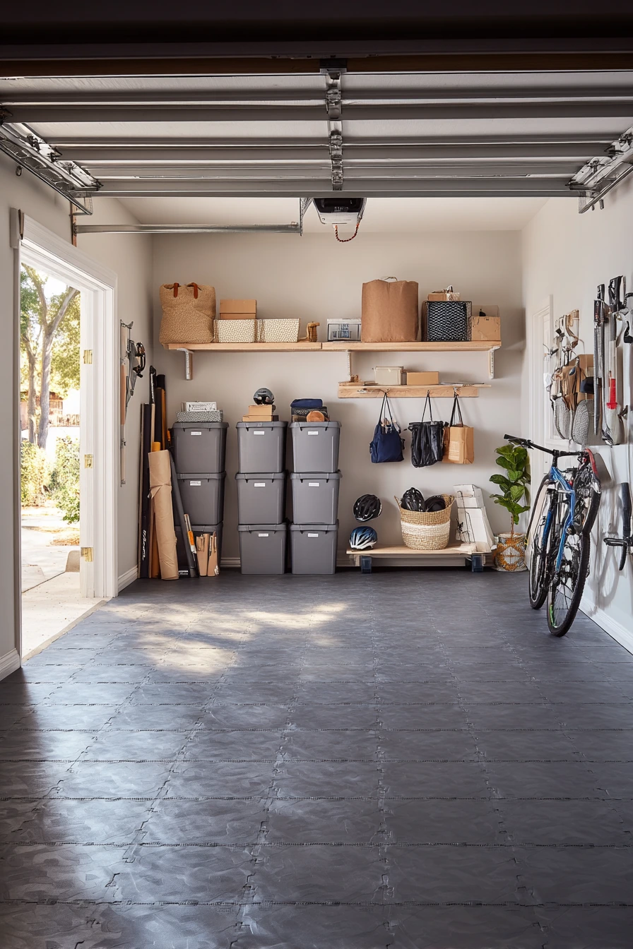 Two-Car Garage with Interlocking Tiles for Storage and Staging
