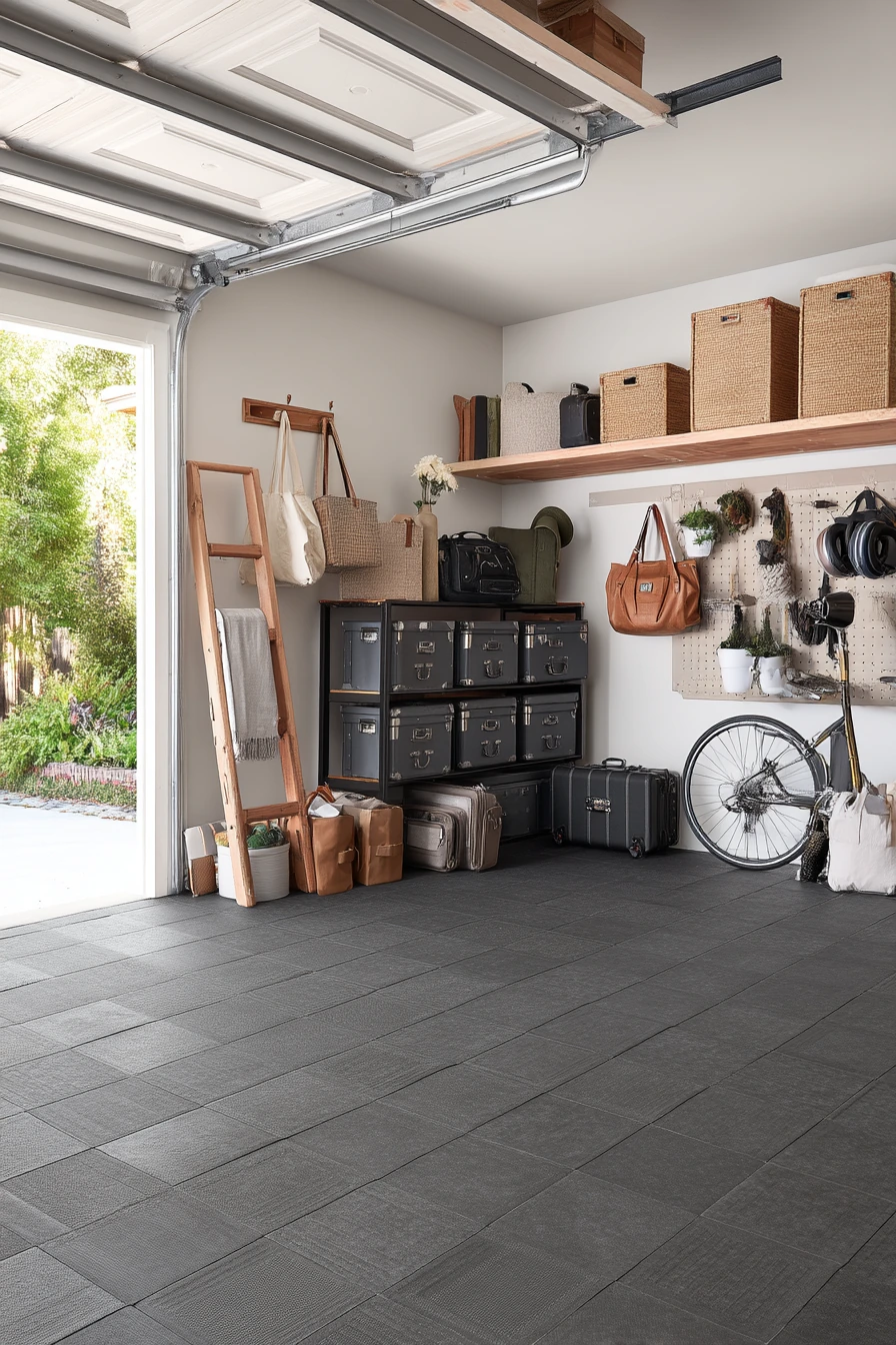 Two-Car Garage with Interlocking Tiles for Storage and Staging