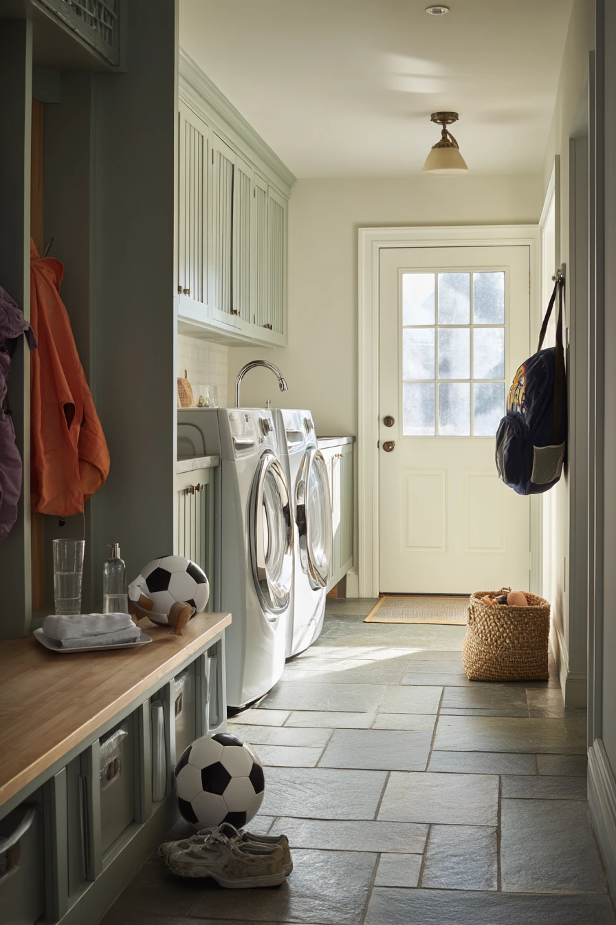 Family drop-zone laundry in the garage
