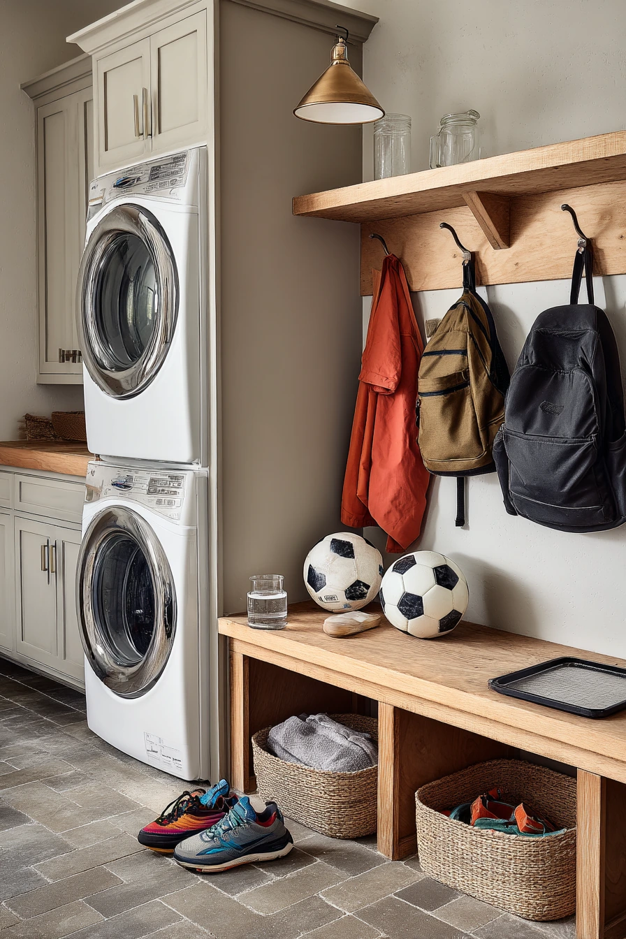 Family drop-zone laundry in the garage